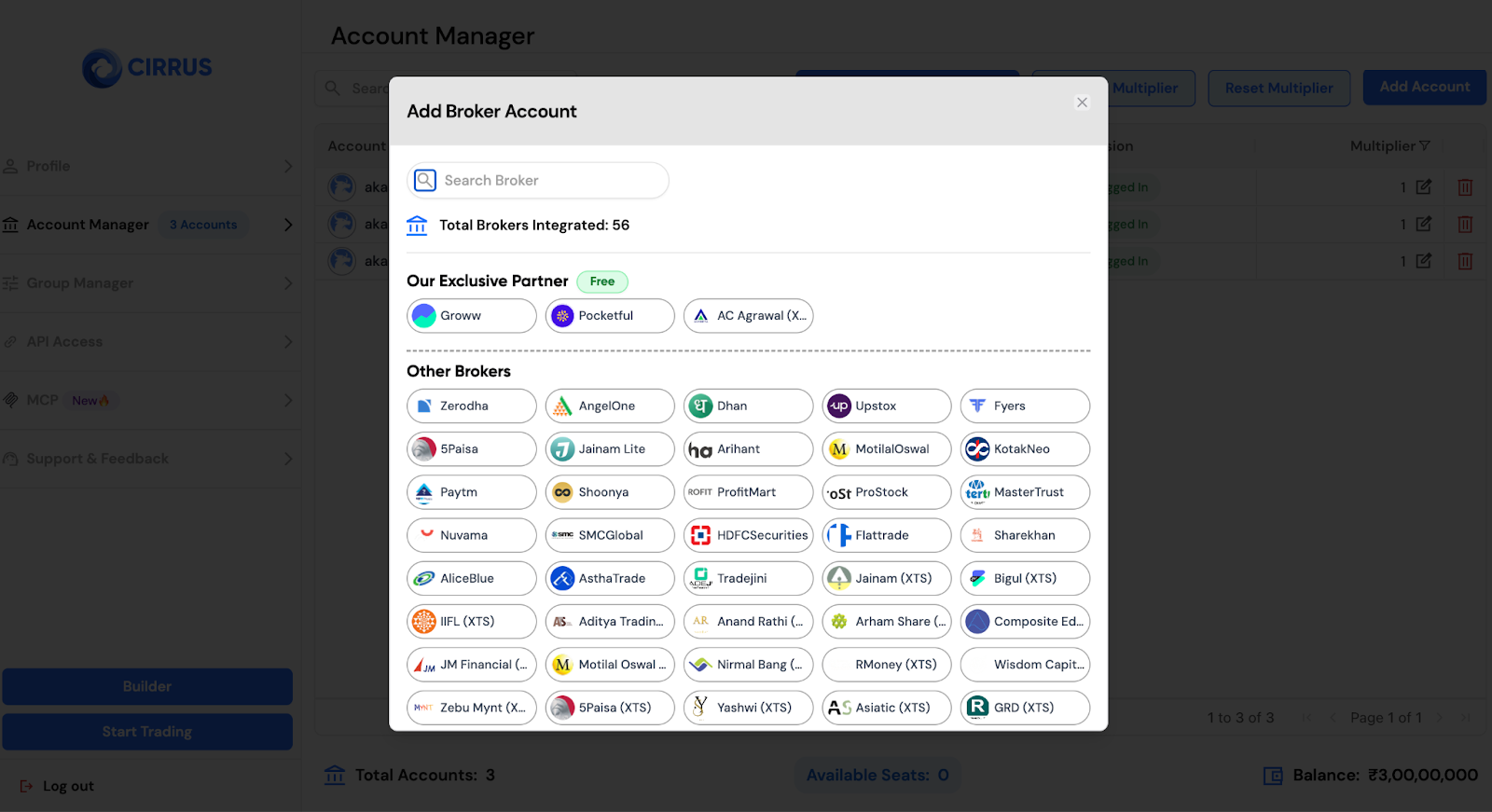 Place trades across Zerodha, AngelOne, and Dhan using Cirrus